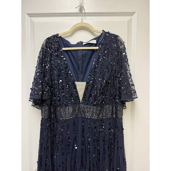 Mac Duggal size 18 Navy 93784 Sequined Beaded V-NECK Formal Cocktail Dress GOWN - Picture 4 of 14